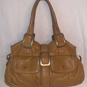 Cole Haan British tan leather triple compartment double front pocket satchel bag